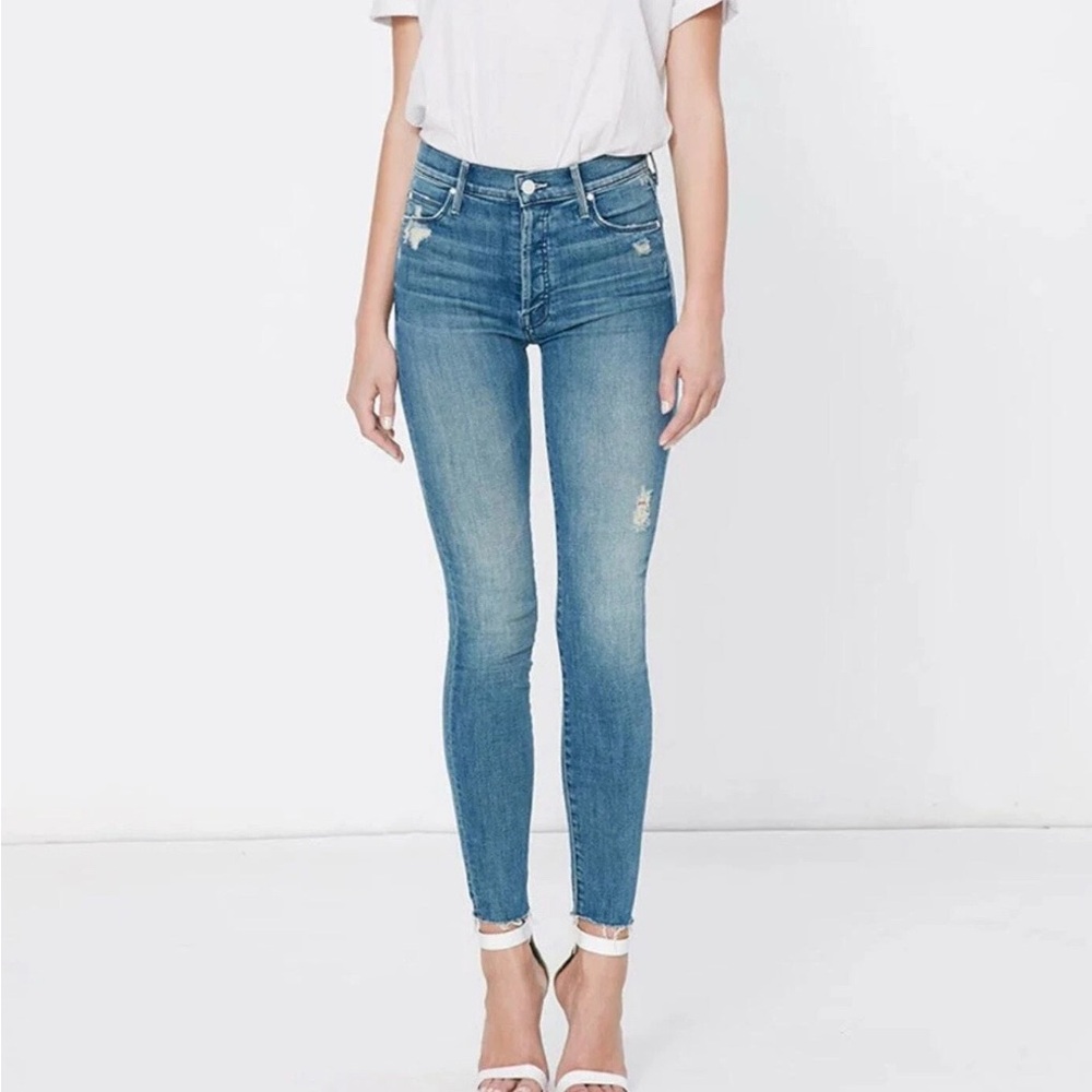 MOTHER Jeans Blue Skinny Jeans: The Stunner Ankle Fray